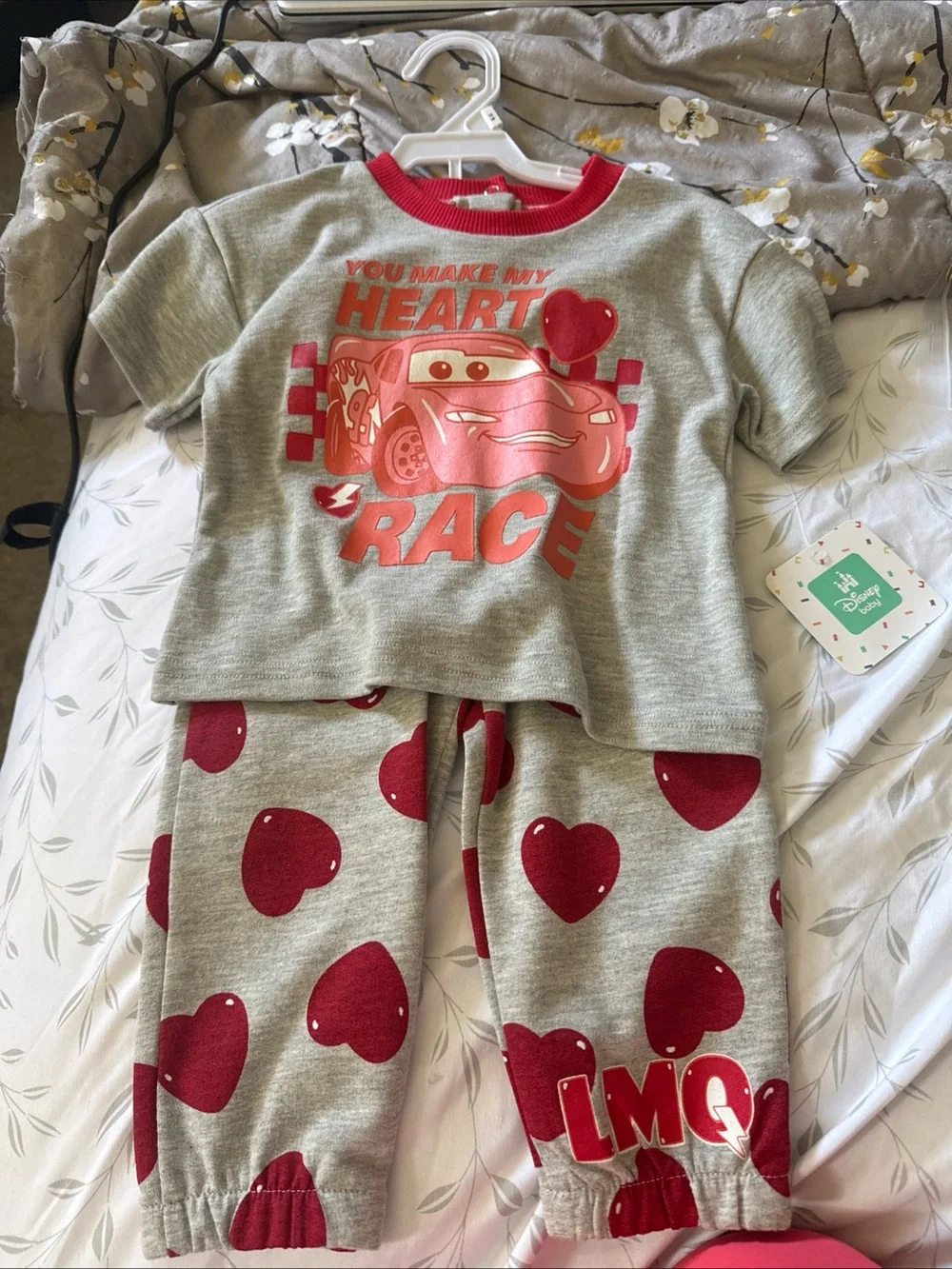 Girls Grey and Red Heart Race Pajama Set NWT